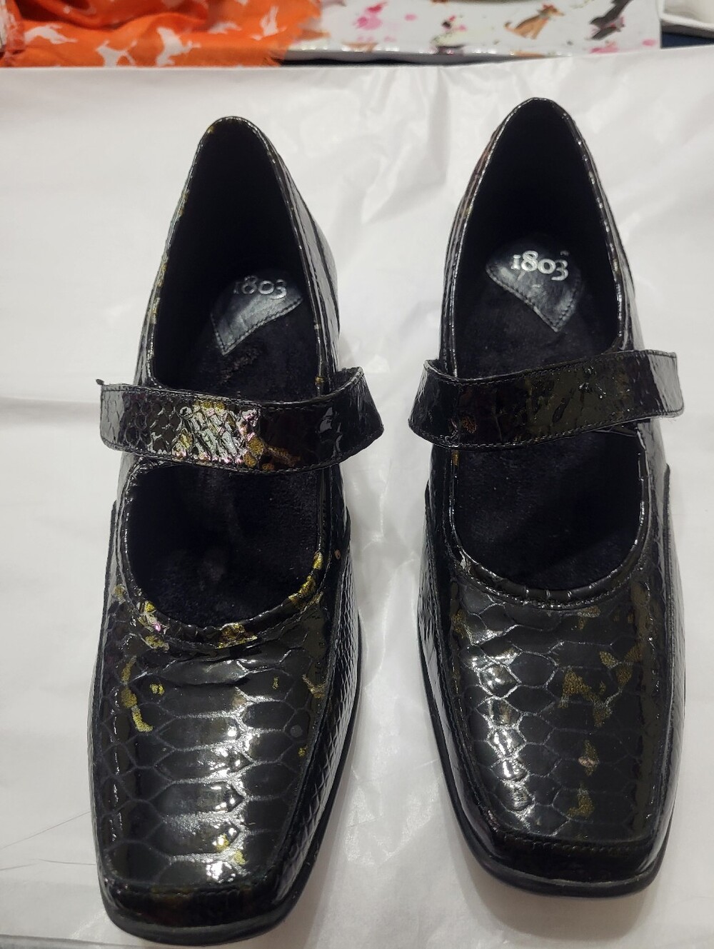 1803 Patent Black Mary Jane Heels with Subtle Gold Accents